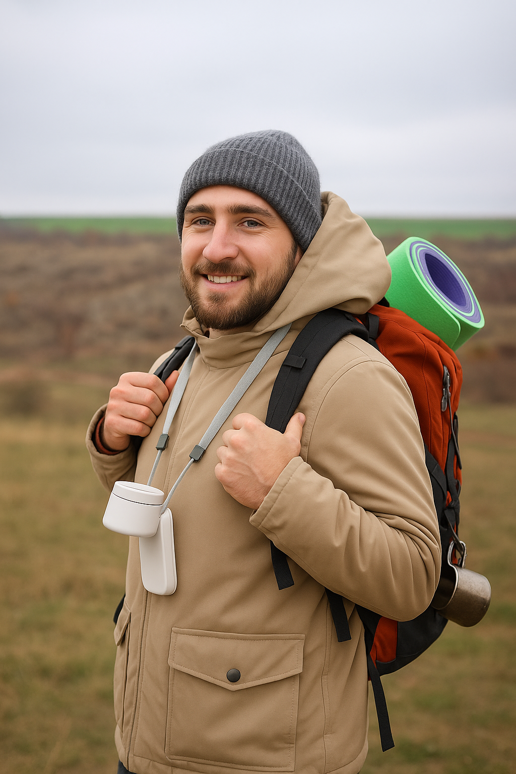 hiker using Aerofold fan on a sunny trail