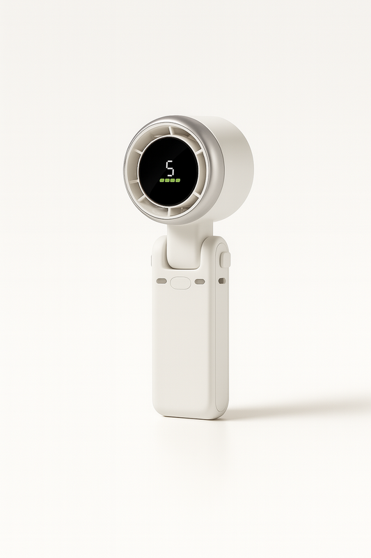 Aerofold fan in Cream with 5-speed LED display, compact and modern design
