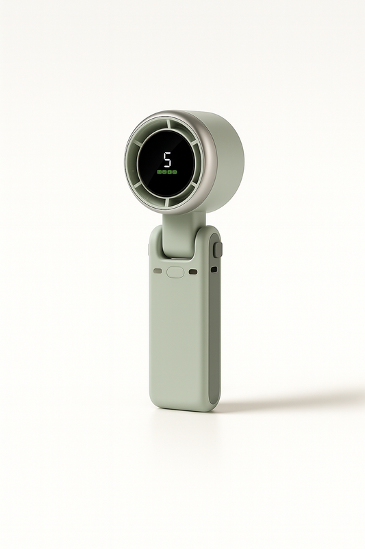 Aerofold fan in Submarine green with 5-speed LED display, compact and modern design